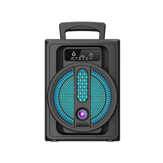 Black portable speaker with blue LED lights on a white background