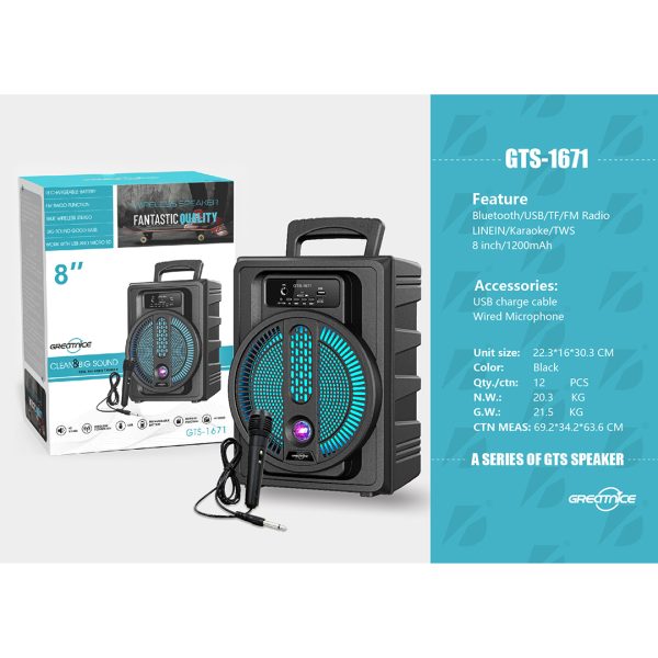 Portable speaker with packaging and specifications on a white background
