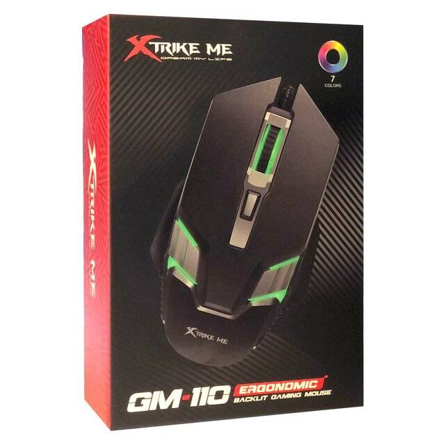 Gaming mouse packaging with XStrike Me branding on a white background