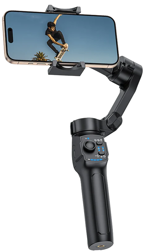 Smartphone held in a gimbal with a screen displaying a person on a skateboard, on a white background