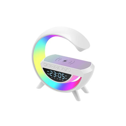 Colorful LED clock with digital display on a white background