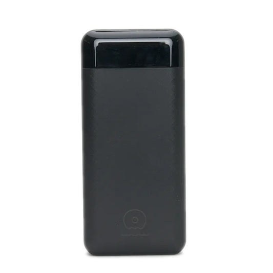 Black power bank with a brand logo on a white background