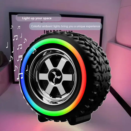 Toy tire with colorful LED lights on a blurred background