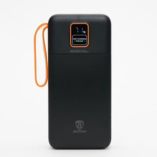 Black power bank with digital display and orange strap on a white background