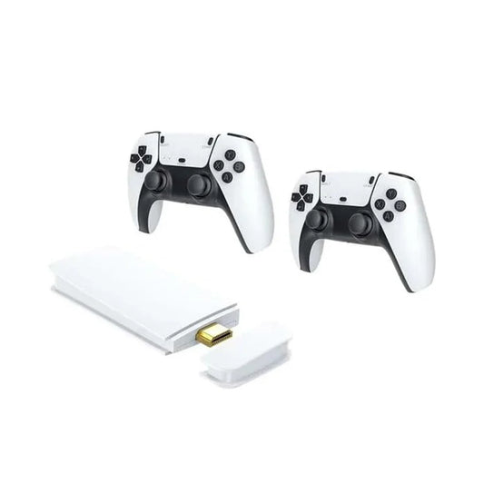 Two white gaming controllers with a charging dock on a white background