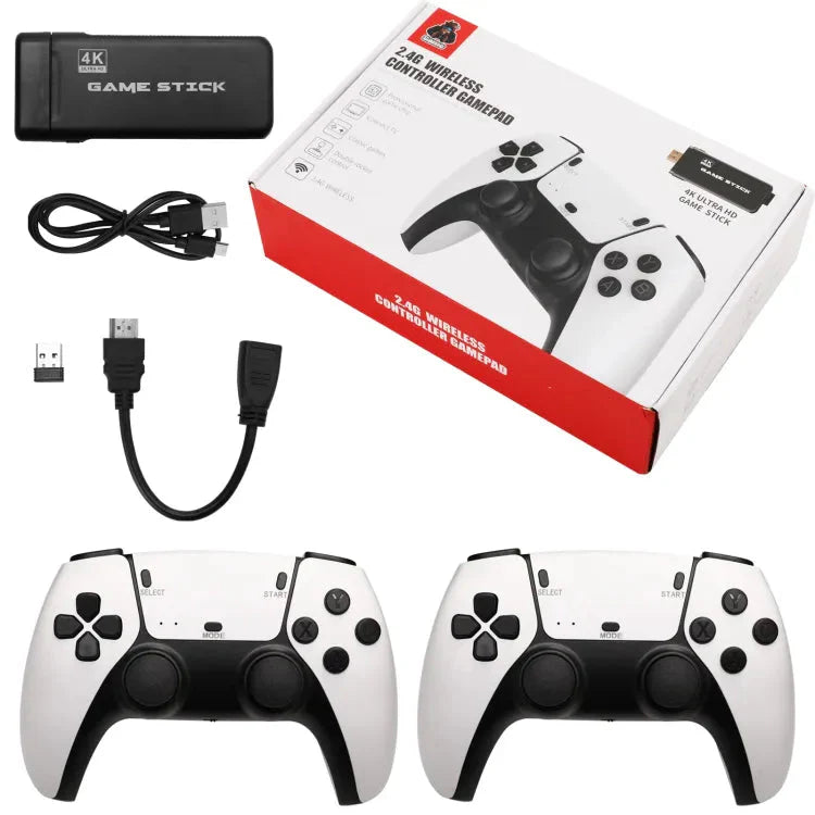 Gaming controllers, Game Stick, and cables on a white background