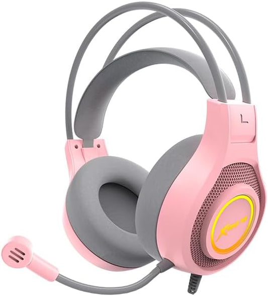 Pink and gray gaming headset with microphone on a white background