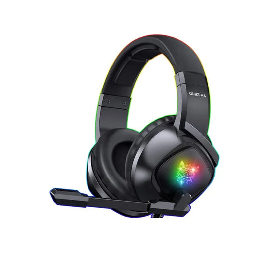 Black gaming headset with RGB lighting on a white background