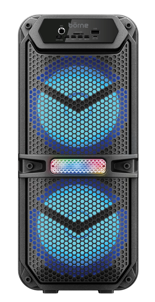 Portable sound system with blue LED lights on a white background