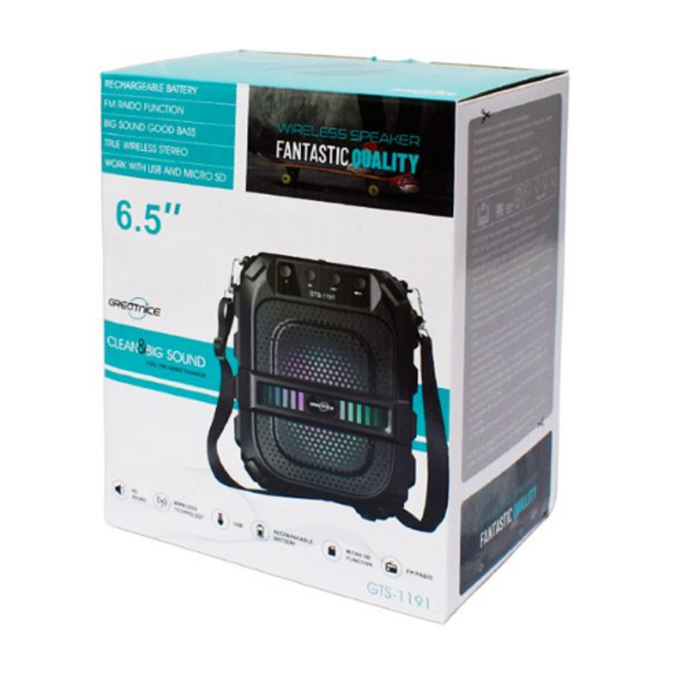 Box packaging of a portable speaker with text and graphics on a white background