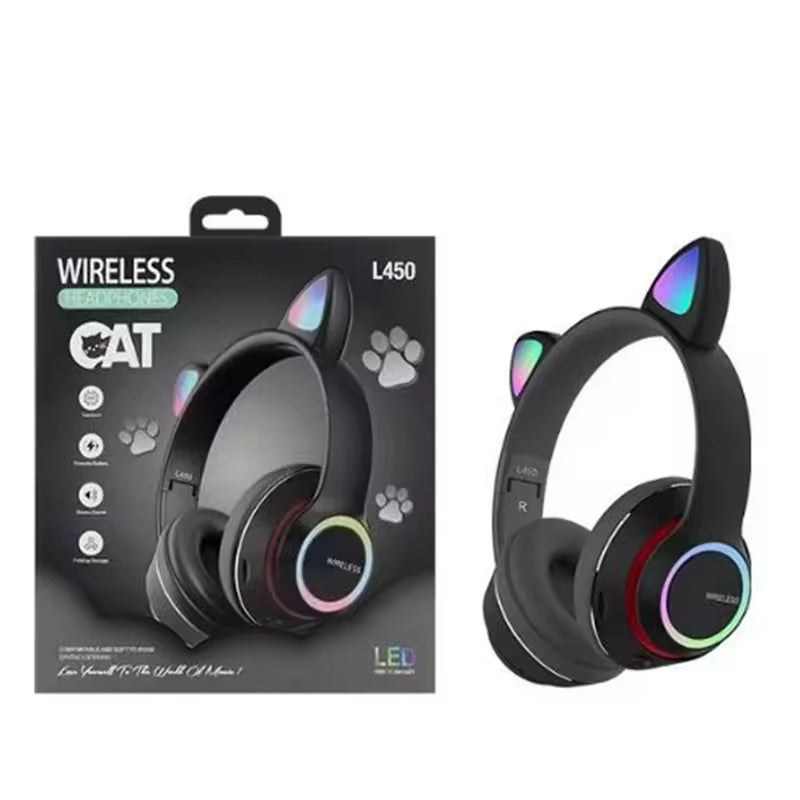 L450 Cute Cat Led Wireless Headphones BT Headset With Mic Tf Mp3 Kid Girl Music Earbud Kitten Helmet Earphone for Birthday Gift