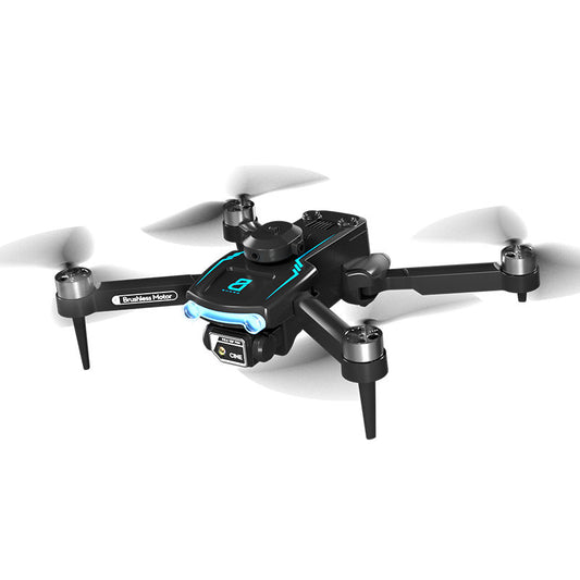 Black drone with visible branding on a white background