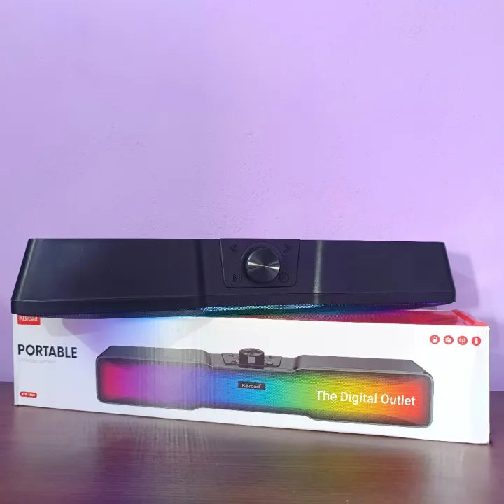 Portable electronic device with a colorful light display on its packaging against a purple background