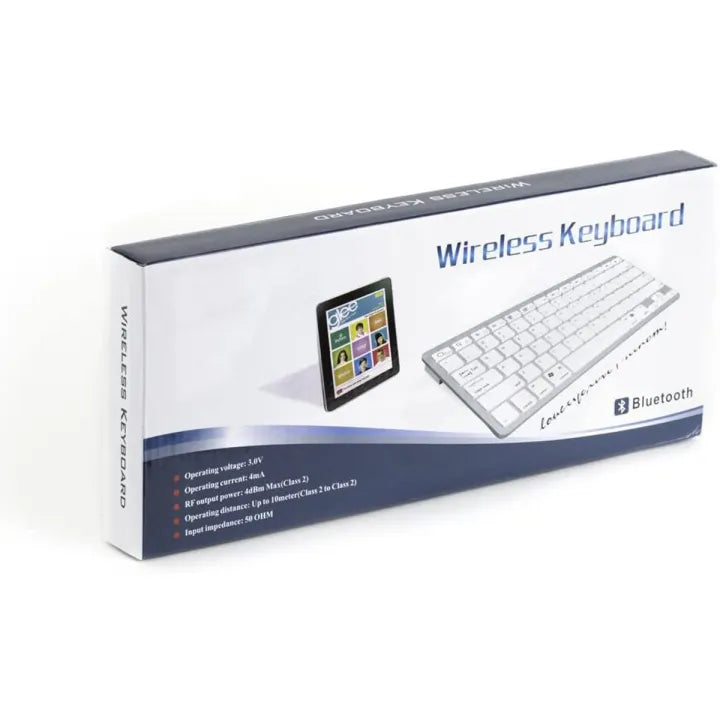 Box packaging of a wireless keyboard with tablet on a white background