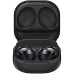 Black wireless earbuds in a case on a white background