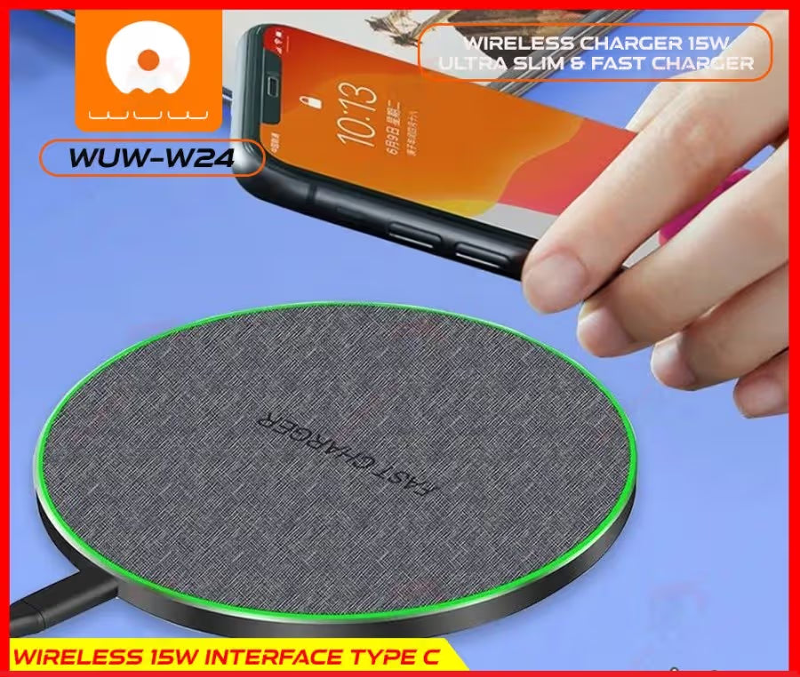 Wireless charger with a phone on it, labeled WUW-W24, on a blue background.