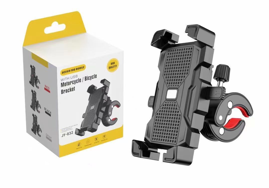 Motorcycle and bicycle phone mount with packaging on a white background