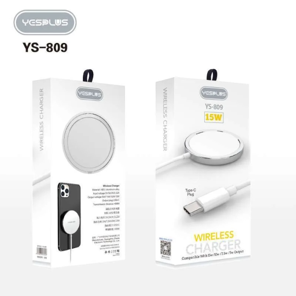 Two YCSPLUS wireless charger boxes with product images and specifications on a white background.