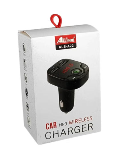 Car MP3 wireless charger packaging with Allison logo on a white background