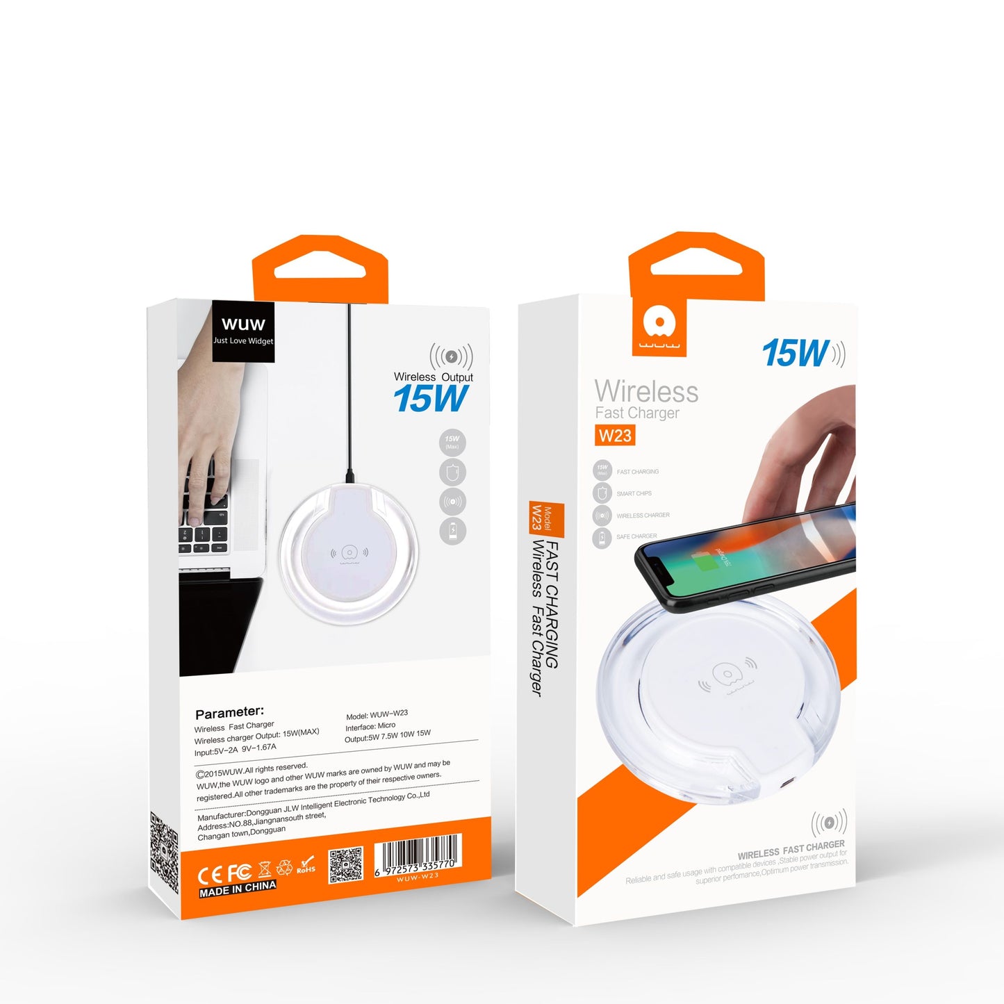 Two packaging boxes for wireless charging products with orange and white design on a white background.