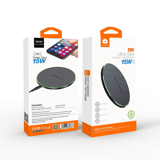 Wireless charger packaging with product and brand logos on a white background
