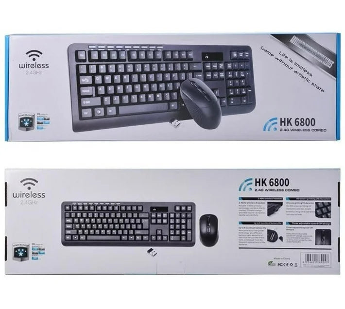Boxed keyboard and mouse set with 'HK 6800' branding on a white background