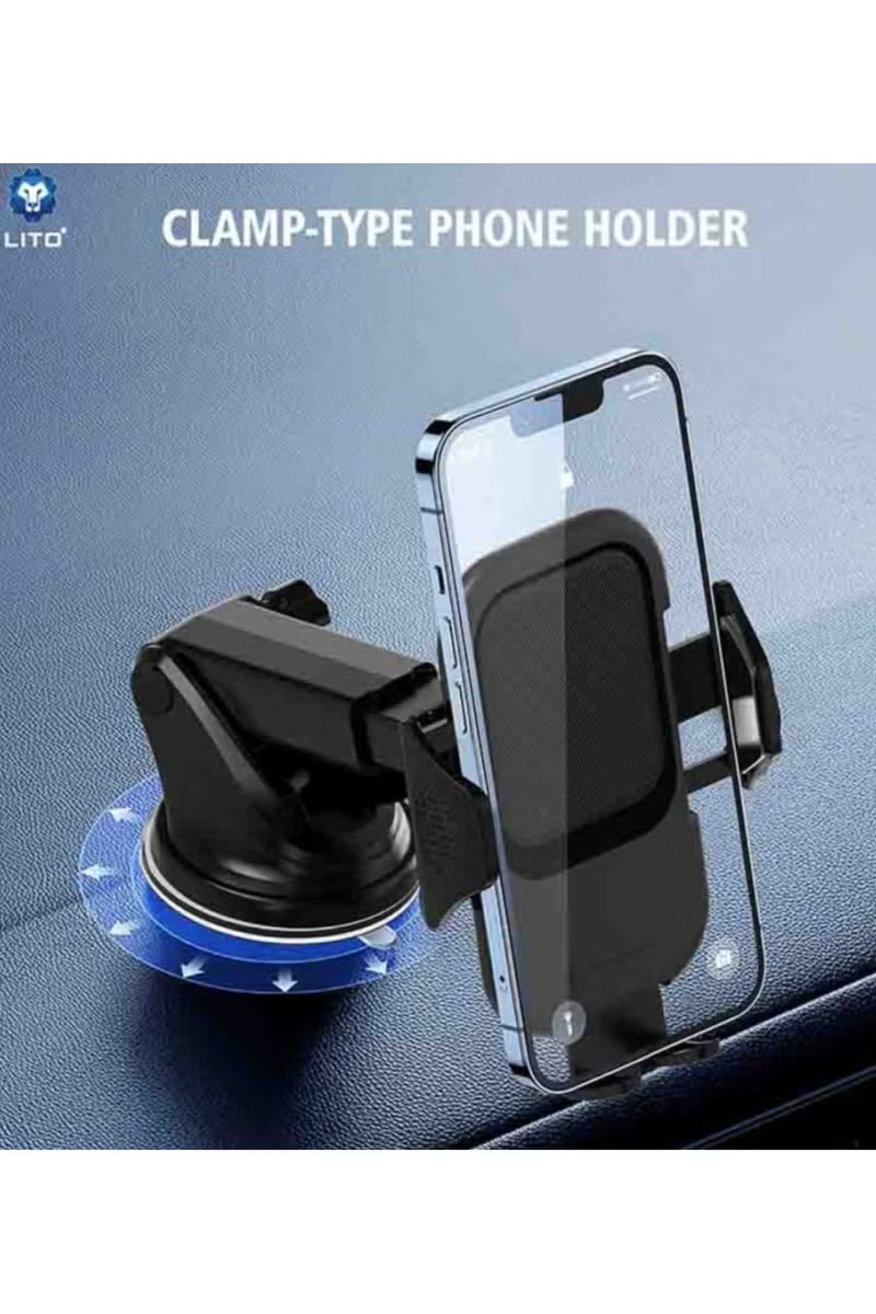Clamp-type phone holder with smartphone on a blue background