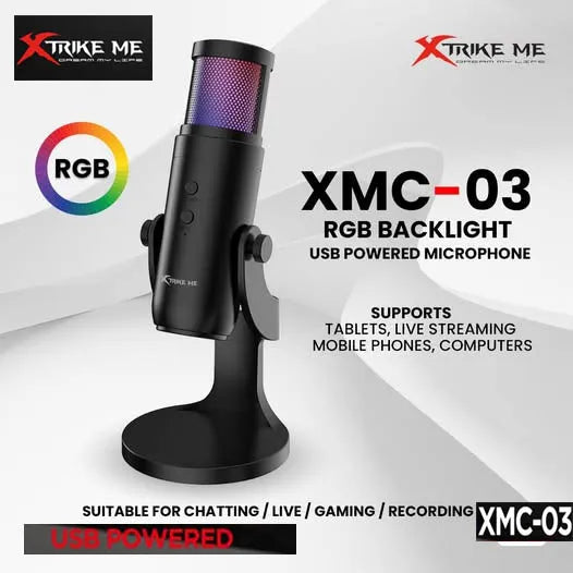 USB-powered microphone with RGB backlight on a white background, featuring XStrike Me branding.