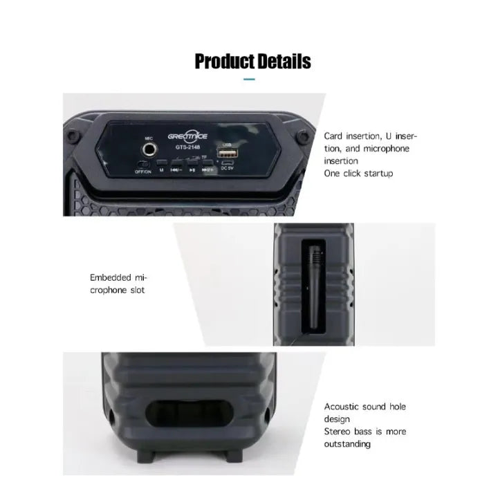 Product details of a black electronic device with text on a white background