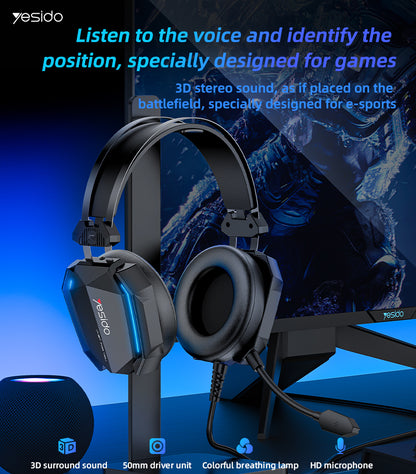 Gaming headset with microphone on a blue and black background, featuring Yesido branding.