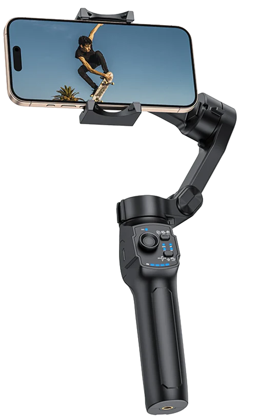 Smartphone held in a gimbal with a screen displaying a person on a skateboard, on a white background