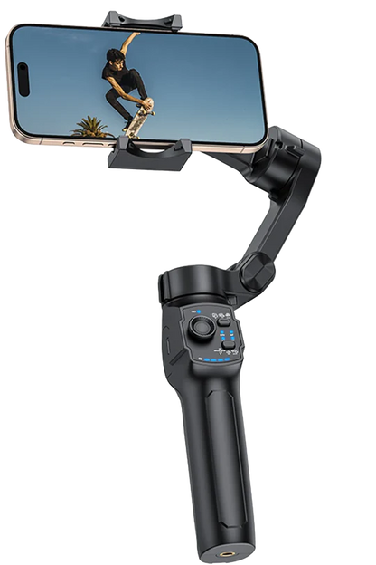 Smartphone held in a gimbal with a screen displaying a person on a skateboard, on a white background