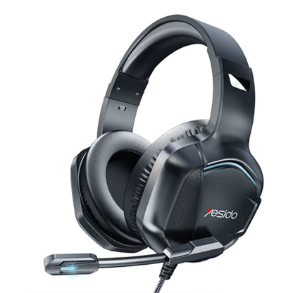 Black gaming headset with microphone on a white background