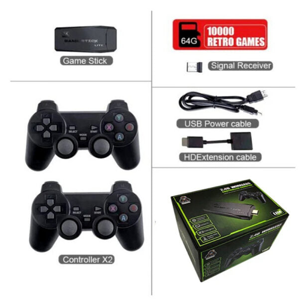 Collection of gaming accessories including game stick, controllers, and cables on a white background.