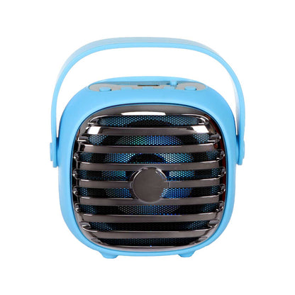 Blue handheld fan with a black grille on a white background