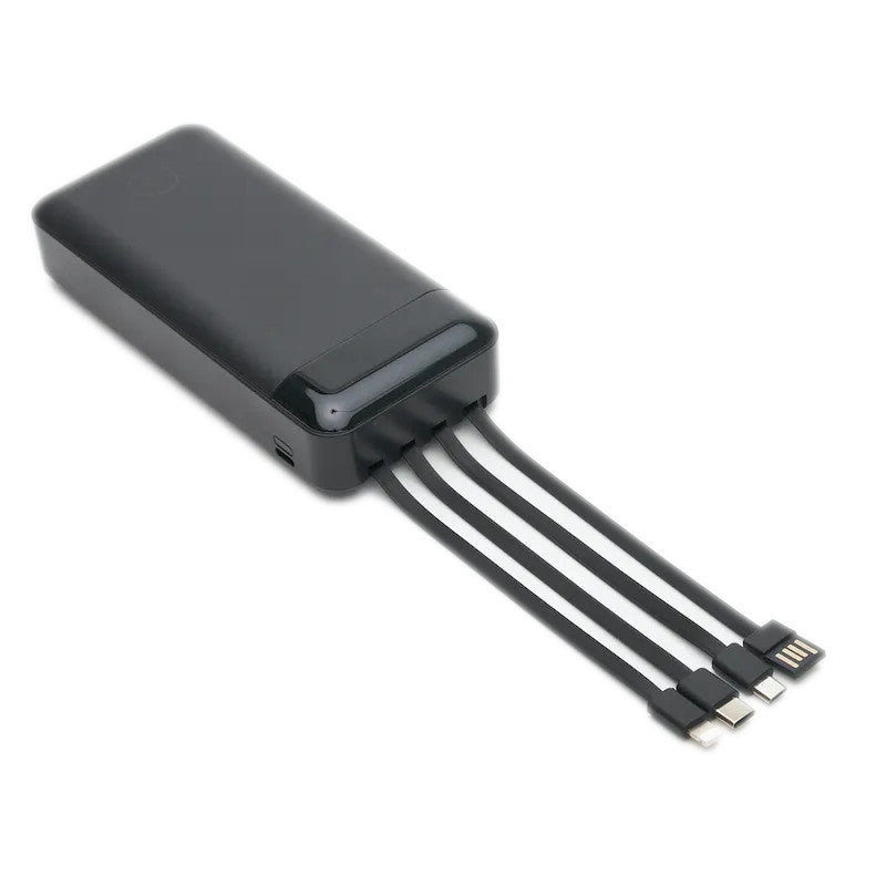 Black electronic device with multiple USB cables on a white background