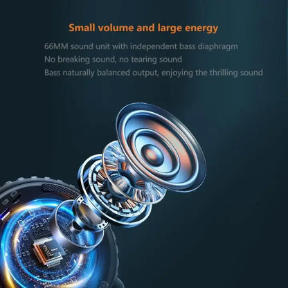 Close-up of a speaker unit with technical text on a dark background