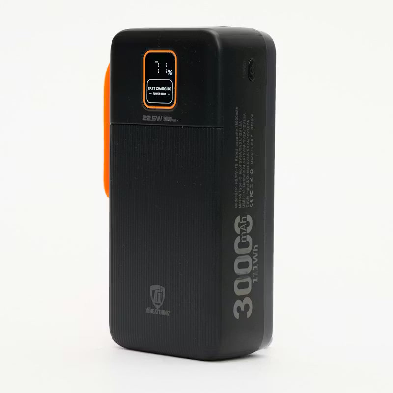 Black power bank with digital display on a white background