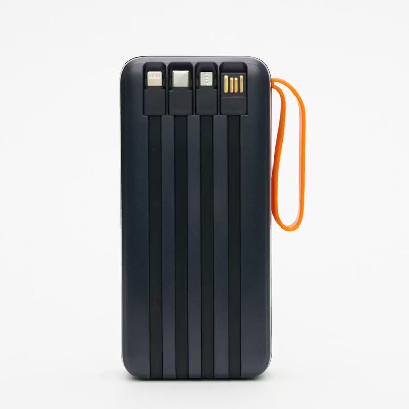 Black power bank with orange strap on a white background