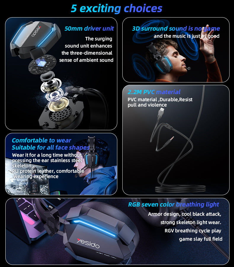 Promotional image of a set of headphones with features highlighted on a dark background.