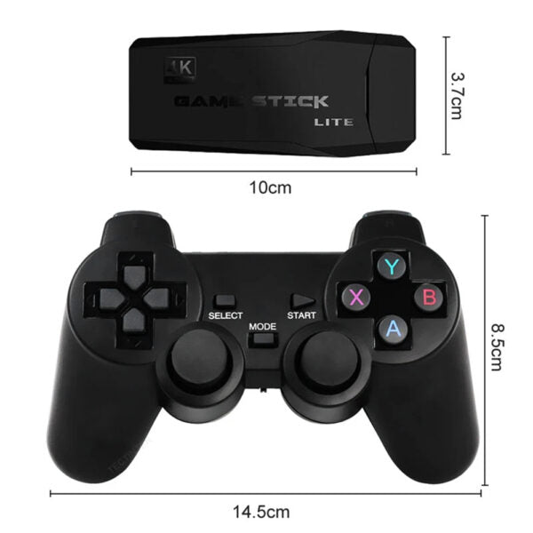 Game controller and Game Stick Lite with dimensions on a white background