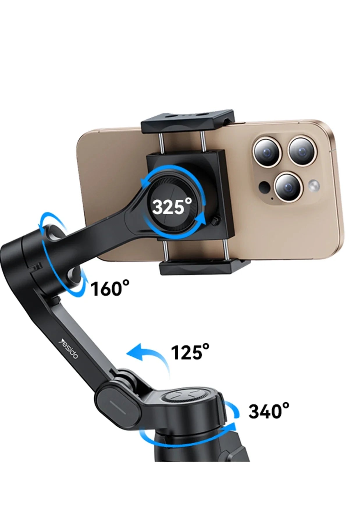 Phone holder with adjustable arm showing degrees of rotation on a white background