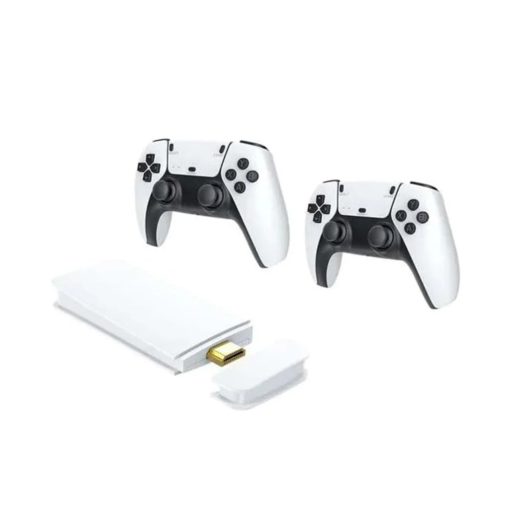 Two white gaming controllers with a charging dock on a white background
