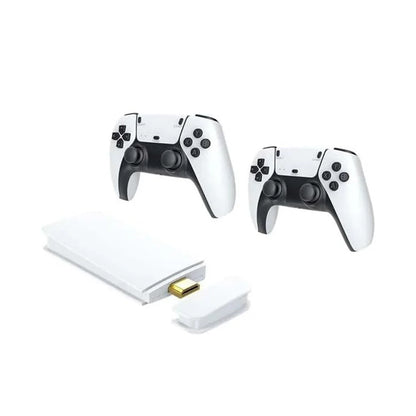 Two white gaming controllers with a charging dock on a white background