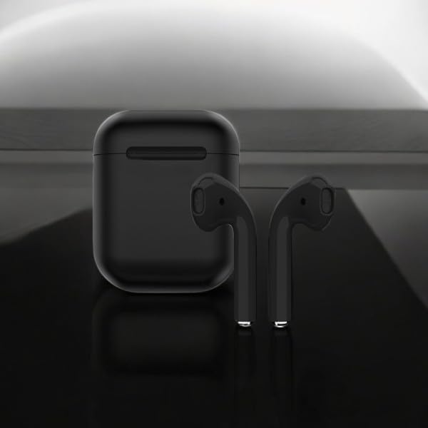 Black wireless earbuds with charging case on a reflective surface