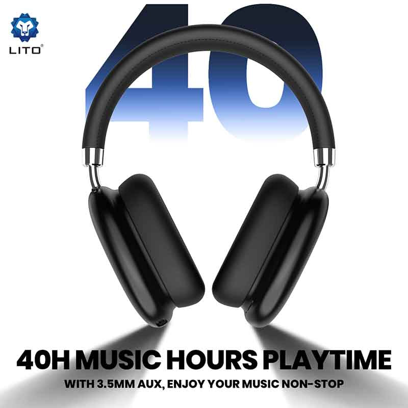 Black headphones with 'LITO' branding and 40 hours music playtime text on a white background