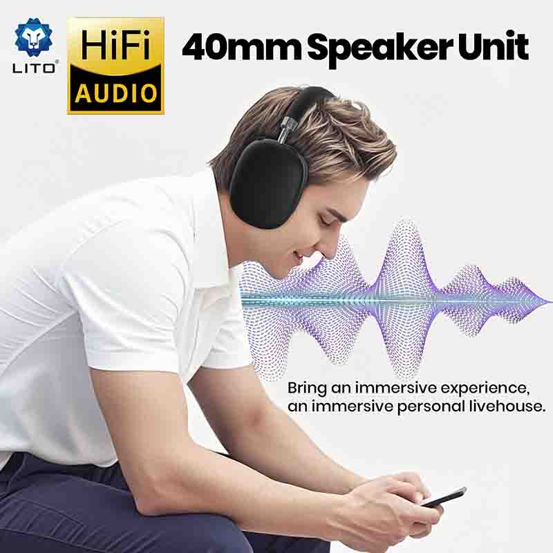 Person wearing headphones using a phone with LITO Audio branding and text about a 40mm speaker unit.