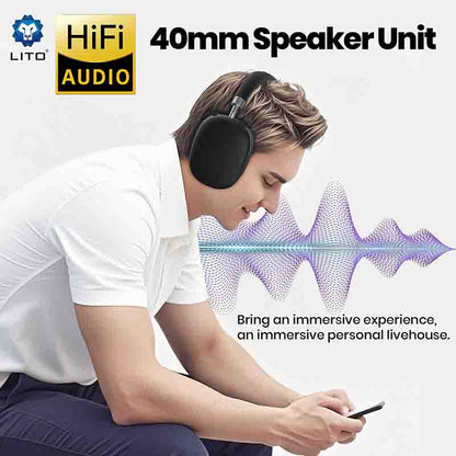 Person wearing headphones using a phone with LITO Audio branding and text about a 40mm speaker unit.