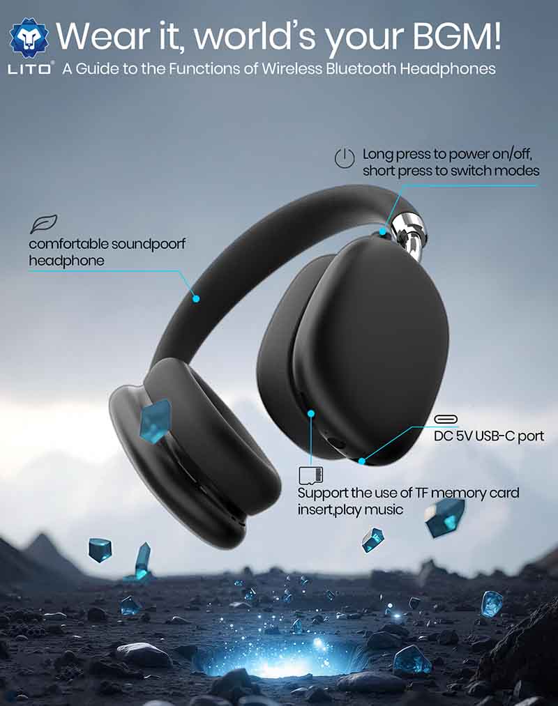 Black wireless Bluetooth headphones with features highlighted on a dark background