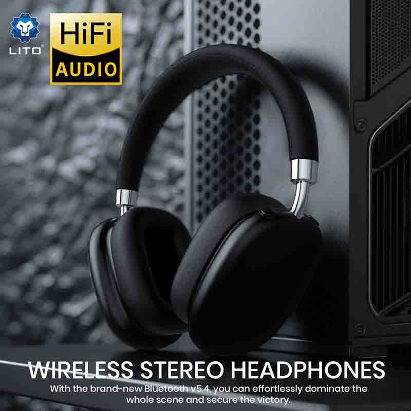Black wireless stereo headphones with 'LITO HiFi Audio' branding against a dark background.